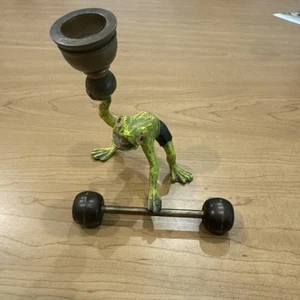 Antique Austrian Cold Painted Bronze Frog Barbell Candlestick Franz Bergmann - Picture 1 of 10