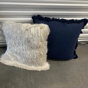 Set Of 2 Decorative Throw Pillows Navy Blue & Cream Textured Square - Picture 1 of 1