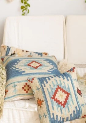 Blue Cushion Cover Natural Wool Cotton Kilim Cushion Geometric Pattern 2 Sizes - Image 1 of 4