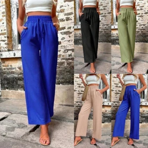 Womens Straight Leg Slacks Pants Ladies Elasticated Waist Casual Loose Trousers - Picture 1 of 14