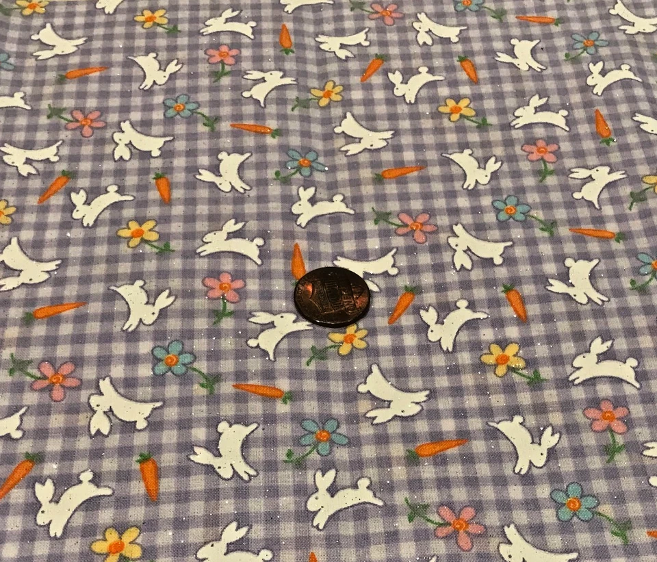 Rabbits*Carrots*Posies *Lavendar & White Checks* Fabric Traditions* 100% Cotton* - Image 1 of 2