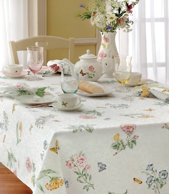 LENOX BUTTERFLY MEADOW SILVER POLYESTER COTTON OBLONG TABLECLOTH 60" x 84" NEW - Image 1 of 4