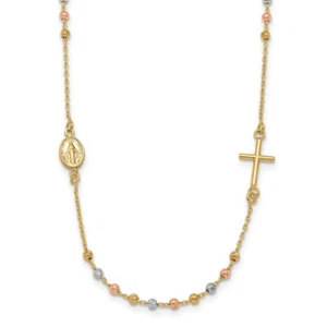 14K Tri-color Gold Sideways Cross Beaded Rosary Necklace 18" 3.52g for Mom - Picture 1 of 6