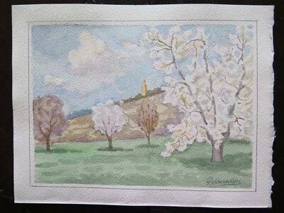 Tableau Vintage Peinture Aquarelle Paysage Printemps Fleurs Signé 32x25 CM P14 - Photo 1/4