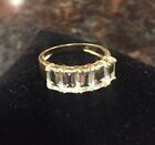 14K Emerald Cut Blue Topaz Five Stone Band Yellow Gold Ring Size 7 1/8