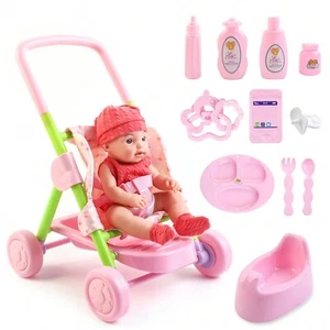 Baby Doll Stroller Set Doll Playset with Smooth Rolling 11Pcs Baby Doll Feeding - Picture 1 of 6