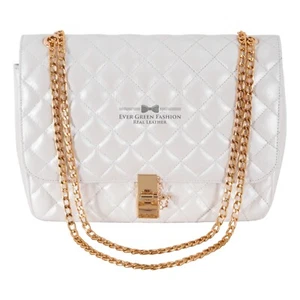 Women's White Quilted Twist Lock Shoulder Bag Chain Strap Crossbody Leather Bag - Picture 1 of 9