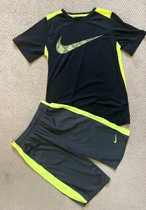 NIKE DRI-FIT Boys Black Neon ATHLETIC OUTFIT - Shorts (L) w/ Matching Shirt (XL) - Picture 1 of 1