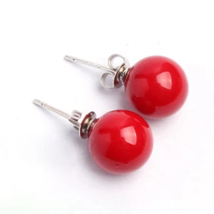 Fashion 10mm Round Coral Red South Sea Shell Pearl Sterlings Silver Stud Earring - Picture 1 of 3