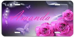 CUSTOM VANITY LICENSE PLATE PERSONLIZED PINK ROSES AND BUTTERFLIES AUTO TAG - Picture 1 of 1