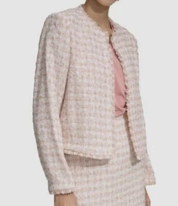 Calvin Klein Women's Pink Tweed Knit Open-Front Blazer Jacket Size 14 - Picture 1 of 3