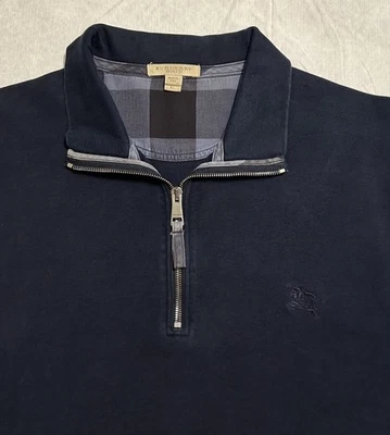 博柏利 Brit 男式蓝色 1/4 拉链套衫肘贴运动衫 XL 码 — 第 1/4 张图片