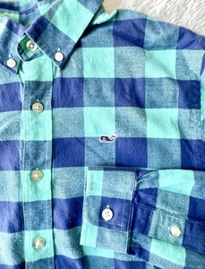 Vineyard Vines Youth Boys M 12-14 Button Down Whale Shirt Plaid Green Blue Kids - Picture 1 of 5