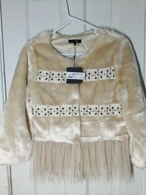 Jaqueta de pele bege Anthropologie Ryu nova com etiquetas bainha de renda casaco boutique tamanho médio D6 - Imagem 1 de 4