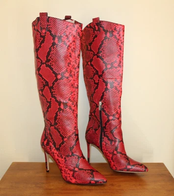 VINCE CAMUTO Kervana Red Snake Print Leather Knee High Heeled Boots Womens 11M - Image 1 of 4