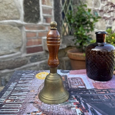 Small Brass Bell With Wooden Handle Vintage School Table Church Bell Nice Patina - Image 1 of 4