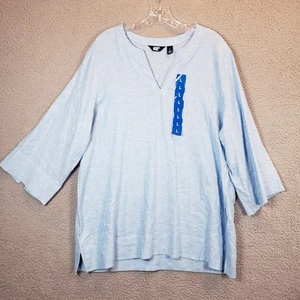 Lands End Tunic Womens L Blue Linen Blend Split Neck Pockets 3/4 Sleeve Top - Picture 1 of 14