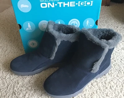 new BOOTS Skechers PULL ON suede faux fur womens Goga Mat winter walking BLUE 8 - Image 1 of 4