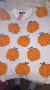 Simply Southern Womens Cream Sz Medium Long SleeveSoft Fuzzy Pumpkin Sweater NWT - Picture 1 of 6