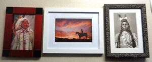 "COWBOY & INDIAN" FRAMED VINTAGE POSTCARD SET OF THREE - Picture 1 of 5