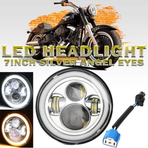 7" LED Motorcycle Headlight Chrome Silver DRL Angel Eye for Harley Honda Yamaha - Picture 1 of 12