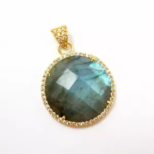 Vergoldete Silber Runde Einfassung Labradorit Edelstein Pave Zirkonia Anhänger - Bild 1 von 4
