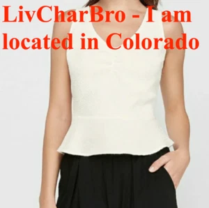 Small Express Texture Ruched Front Peplum Tank V Neck Back Zip Sleeveless Ivory - Picture 1 of 16