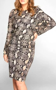 Marciano Untamed Jersey Ruched Asymmetrical Mini Dress Brown Snake Print XS 0 2 - Picture 1 of 12