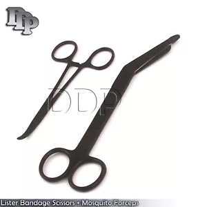 Tijeras de vendaje Lister 7,25" + pinzas para mosquitos curvas recubiertas de negro  - Imagen 1 de 3