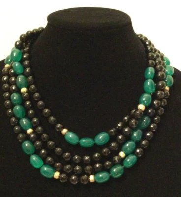 RARITIES BLACK & GREEN CHALCEDONY W/ Zircon Rondells MULTI-STRAND NECKLACE - Image 1 of 4