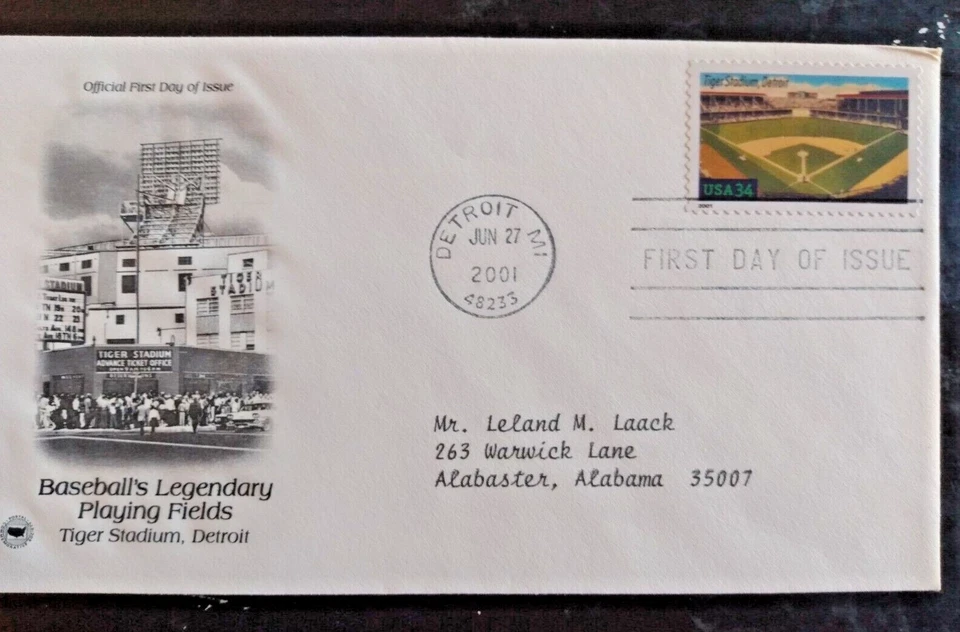 BASEBALL TIGER STADIUM DETROIT LEGENDARY PLAYING FIELD 2001 PCS CACHET FDC - Image 1 of 1
