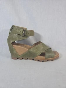 Sorel Joanie II Wedge Sandals 9 Green Ankle Strap Lug Sole Open Toe Leather Boho - Picture 1 of 6