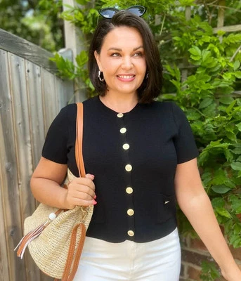 Ex M*S Cardigan Women Black Knit Cotton Blend Gold Button Short Sleeve Classic - Image 1 of 4