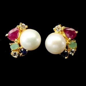 925 Sterling Silver Earrings Pear Ruby Emerald Sapphire Pearl Gemstone Jewelry - Picture 1 of 13