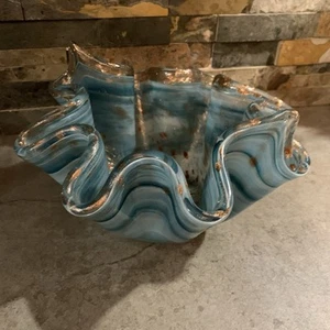 Art Deco Glass Bowl Turquoise Abstract Italian Murano-Style Used Antonio Tammaro - Picture 1 of 8