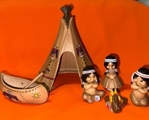 Ceramic Native American Folk Art Teepee Canoe Campfire Figurines - Picture 1 of 14