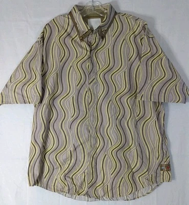 Camisa masculina COOGI com botões XXL colarinho duplo marrom amarelo listras onduladas SS - Imagem 1 de 4