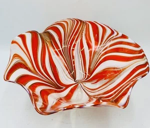 Gorgeous Blown Art Glass Red White Pulled Feather Bowl Signed A Davidson - Picture 1 of 5