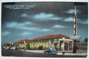Cheyenne WY Railroad Depot & Bus Station Old Linen Wyoming Postcard