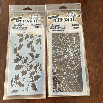 2 Tim Holtz Holiday Layered Stencils~ Holly Bough & Shattered Cobweb NIP - Image 1 of 4