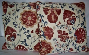 Farah in Red Jacobean Floral Red/Blue/Beige Set of 2 Pillows 18 x18" - Picture 1 of 6