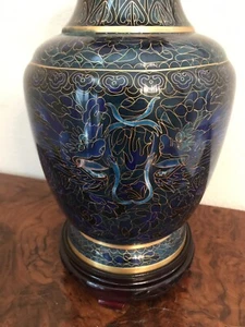 Antique Chinese Dynasty Double Dragon 12” Blue Cloisonné Vase Signed Embossed_MP - Picture 1 of 9