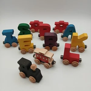 Wooden Name Train 12 Piece Lot Engine Caboose Letters Magnetic Maple Landmark - Picture 1 of 24