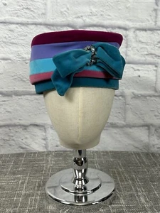 Gene Doris Vintage Hat Union Made USA Tiered Teal Pink Rhinestones Purple Velour - Picture 1 of 9