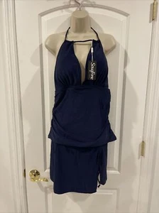 Souqfone Navy XXL Skirted 3Pc Swimsuit Tankini Halter Bottom Skirt Slit Tie - Picture 1 of 22