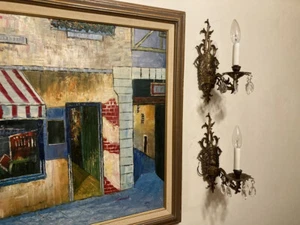 Pair Vintage Mid Century Brass Crystal Sconces Wall Lights Made In Spain 1960s - Picture 1 of 22