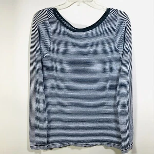 Athleta Top Women Sz L Waffle Knit Long Sleeve Black White Stripes Scoop Neck - Picture 1 of 4