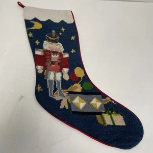 Vintage Needlepoint Embroidered Christmas Stocking NUTCRACKER Navy Blue Red - Picture 1 of 7