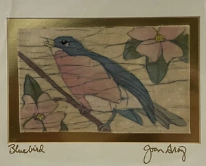 ORIGINAL BATIK PAINTING FLORAL WAX & DYE ON FABRIC JOAN GRAY BLUEBIRD SIGNED - Picture 1 of 9