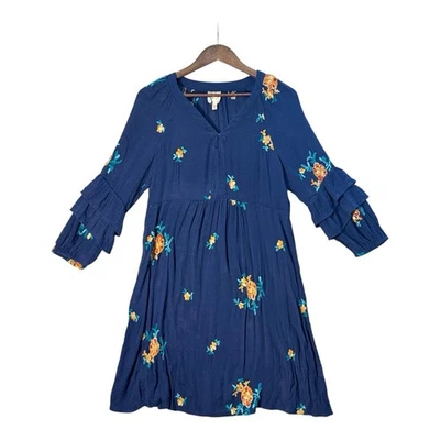 Anthropologie Fig & Flower Swing Dress M Blue Boho Embroidered Ruffle Sleeve - Image 1 of 4
